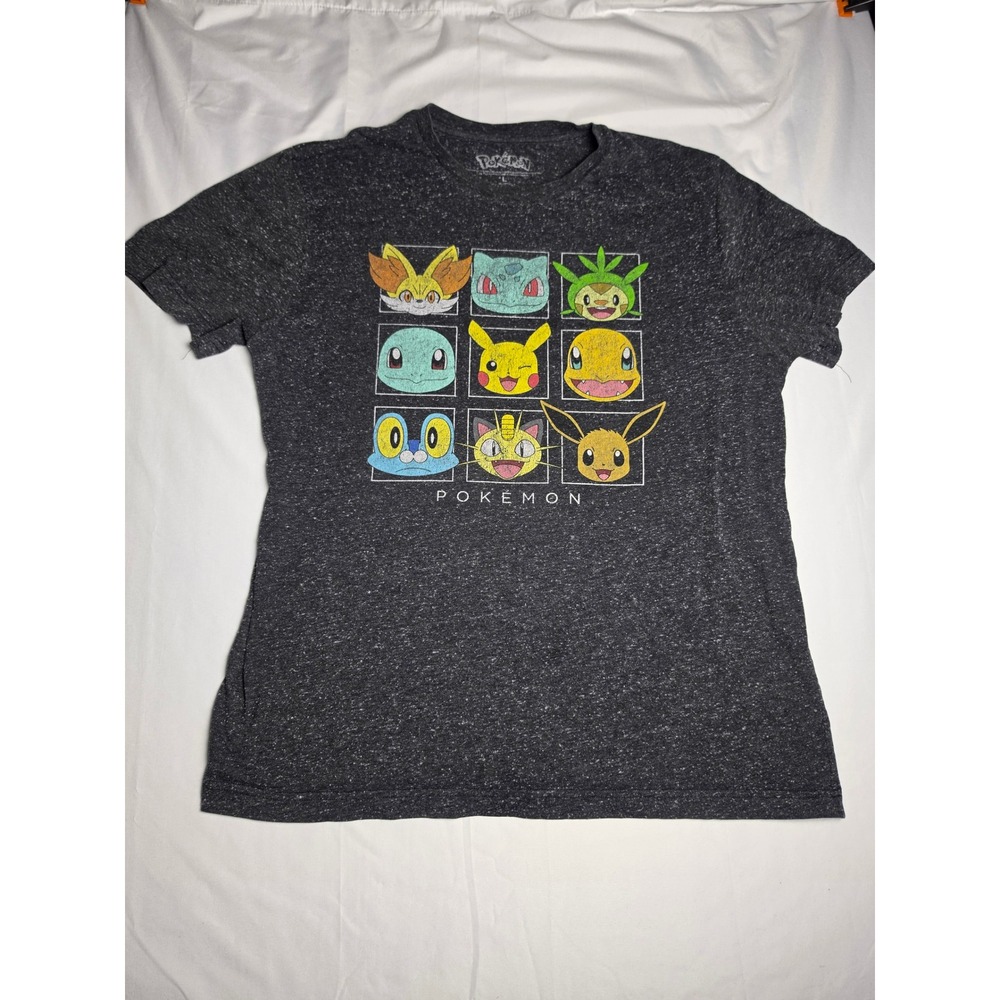 Pokemon Mens Large Charcoal Heather Graphic T-Shirt Pikachu Eevee Starters Tee